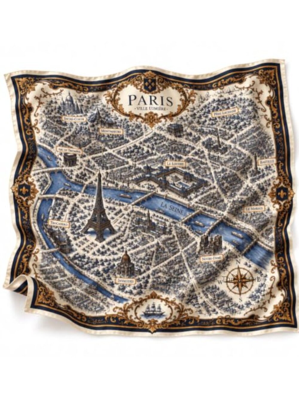 100% Mulberry Silk Twill Scarf 35x35 Paris Map Hand-Rolled Gift Boxed